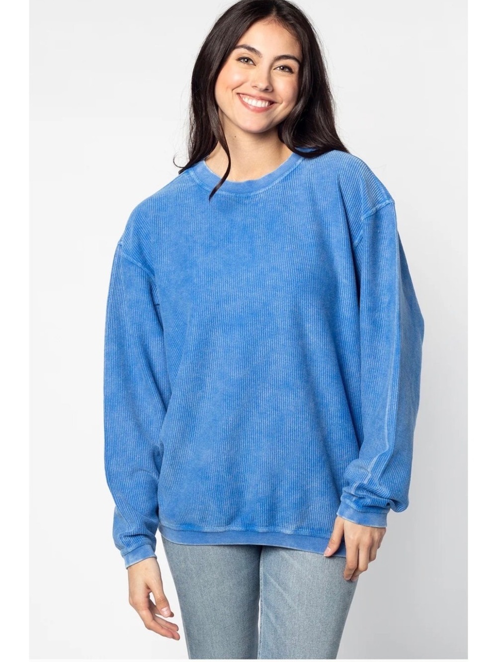 Chicka-d Blue Cropped Original Corded Crew Ribbed Cotton Sweatshirt Top Size S